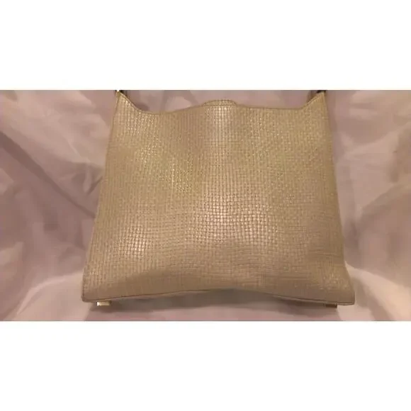 ESCADA Pearlized Light Olive Green & Silver Pearl Woven Leather Handbag - Picture 2 of 11